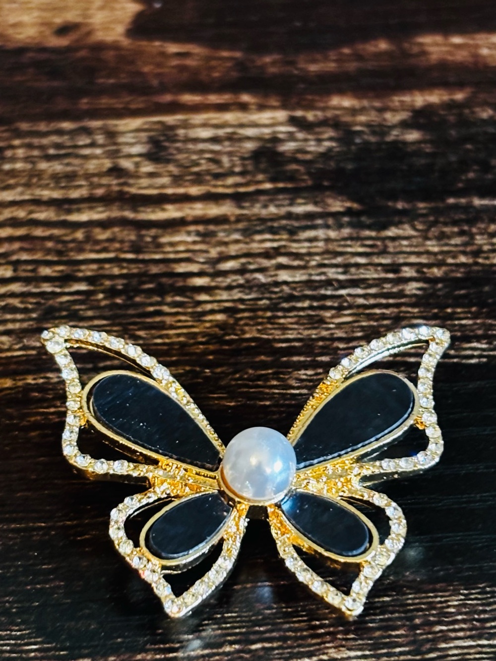 Gold Tone Butterfly Brooch Rhinestone Black Wings Faux Pearl Accent Pin